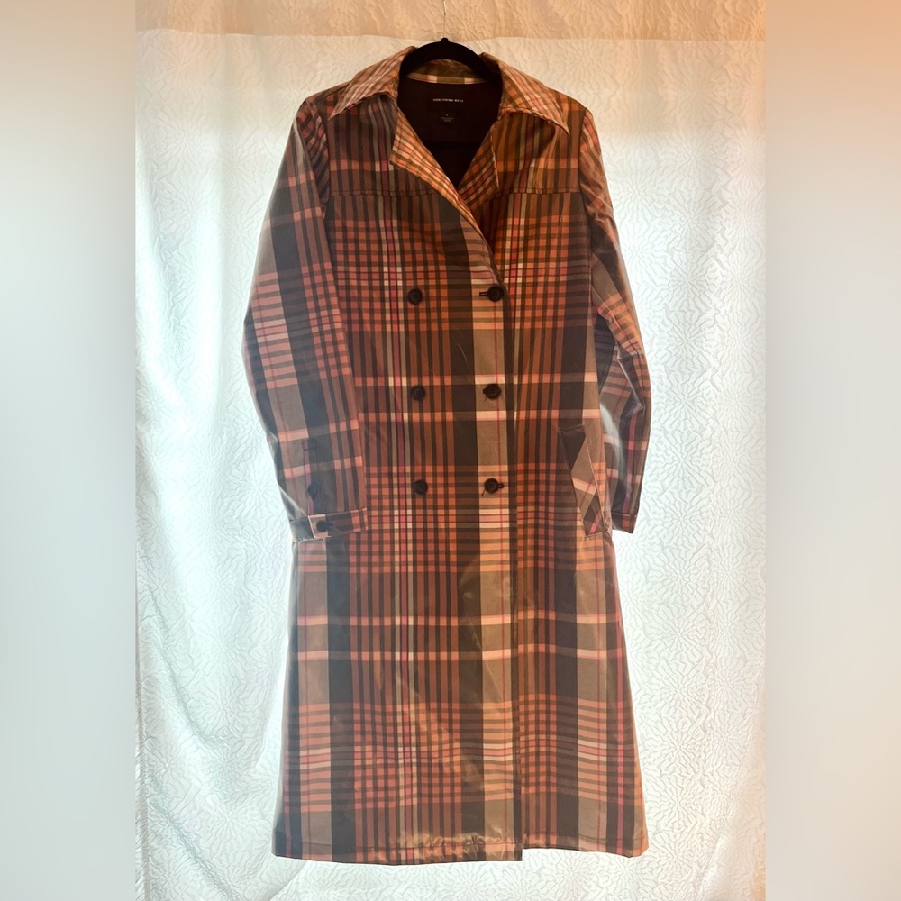 Something Navy Plaid Glossy Trench Coat Size Small Water Resistant L88